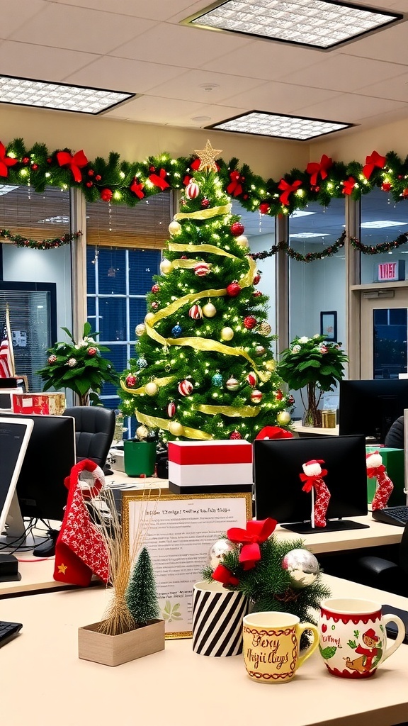 Festive Christmas Decor Ideas for Your Office An office space decorated for Christmas with a tree, lights, and festive decorations.